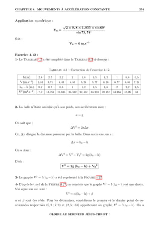 CHAPITRE 4. MOUVEMENTS À ACCÉLÉRATION CONSTANTE 254
Application numérique :
V0 =
√
2 × 9, 8 × 1, 955 × sin 60◦
sin 73, 74◦
Soit :
V0 = 6 m.s−1
Exercice 4.12 :
1- Le Tableau 4.2 a été completé dans le Tableau 4.3 ci-dessous :
Tableau 4.3 – Correction de l’exercice 4.12.
h (m) 2, 8 2, 5 2, 2 2 1, 8 1, 5 1, 2 1 0, 8 0, 5
V (m.s−1
) 2, 81 3, 71 4, 43 4, 85 5, 24 5, 77 6, 26 6, 57 6, 86 7, 28
h0 − h (m) 0, 2 0, 5 0, 8 1 1, 2 1, 5 1, 8 2 2, 2 2, 5
V2
(m2
.s−2
) 7, 9 13, 764 19, 625 23, 522 27, 457 33, 293 39, 187 43, 165 47, 06 53
2- La balle n’étant soumise qu’à son poids, son accélération vaut :
a = g
On sait que :
∆V2
= 2a∆x
Or, ∆x désigne la distance parourue par la balle. Dans notre cas, on a :
∆x = h0 − h
On a donc :
∆V2
= V2
− V0
2
= 2g (h0 − h)
D’où :
V2
= 2g (h0 − h) + V0
2
3- Le graphe V2
= f (h0 − h) a été représenté à la Figure 4.27.
4- D’après le tracé de la Figure 4.27, on constate que le graphe V2
= f (h0 − h) est une droite.
Son équation est donc :
V2
= α (h0 − h) + β
α et β sont des réels. Pour les déterminer, considérons le premier et le dernier point de co-
ordonnées respectives (0, 2 ; 7, 9) et (2, 5 ; 53) appartenant au graphe V2
= f (h0 − h). On a
GLOIRE AU SEIGNEUR JÉSUS-CHRIST !
 