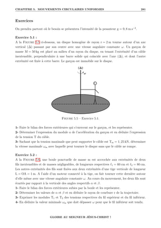 CHAPITRE 5. MOUVEMENTS CIRCULAIRES UNIFORMES 281
Exercices
On prendra partout où le besoin se présentera l’intensité de la pesanteur g = 9, 8 m.s−2
.
Exercice 5.1 :
A la Figure 5.5 ci-dessous, un disque homogène de rayon r = 2 m tourne autour d’un axe
vertical (∆) passant par son centre avec une vitesse angulaire constante ω. Un garçon de
masse M = 50 kg est placé au milieu d’un rayon du disque, en tenant l’extrémité d’un câble
inextensible, perpendiculaire à une barre solide qui coïncide avec l’axe (∆), et dont l’autre
extrémité est fixée à cette barre. Le garçon est immobile sur le disque.
Figure 5.5 – Exercice 5.1.
1- Faire le bilan des forces extérieures qui s’exercent sur le garçon, et les représenter.
2- Déterminer l’expression du module a de l’accélération du garçon et en déduire l’expression
de la tension T du câble.
3- Sachant que la tension maximale que peut supporter le câble est Tm = 1, 25 kN, déterminer
la vitesse maximale ωm avec laquelle peut tourner le disque sans que le câble ne rompe.
Exercice 5.2 :
A la Figure 5.6, une boule ponctuelle de masse m est accrochée aux extrémités de deux
fils inextensibles et de masses négligeables, de longueurs respectives `1 = 60 cm et `2 = 80 cm.
Les autres extrémités des fils sont fixées aux deux extrémités d’une tige verticale de longueur
L = OA = 1 m. A l’aide d’un moteur connecté à la tige, on fait tourner cette dernière autour
d’elle même avec une vitesse angulaire constante ω. Au cours du mouvement, les deux fils sont
écartés par rapport à la verticale des angles respectifs α et β.
1- Faire le bilan des forces extérieures subies par la boule et les représenter.
2- Déterminer les valeurs de α et β et en déduire le rayon de courbure r de la trajectoire.
3- Exprimer les modules T1 et T2 des tensions respectives du fil supérieur et du fil inférieur.
4- En déduire la valeur minimale ωm que doit dépasser ω pour que le fil inférieur soit tendu.
GLOIRE AU SEIGNEUR JÉSUS-CHRIST !
 