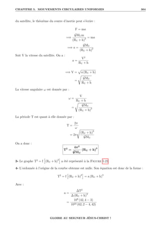 CHAPITRE 5. MOUVEMENTS CIRCULAIRES UNIFORMES 304
du satellite, le théorème du centre d’inertie peut s’écrire :
F = ma
=⇒
GMUm
(RU + h)2 = ma
=⇒ a =
GMU
(RU + h)2
Soit V la vitesse du satellite. On a :
a =
V2
RU + h
=⇒ V =
p
a (RU + h)
=
Ê
GMU
RU + h
La vitesse angulaire ω est donnée par :
ω =
V
RU + h
=
Ê
GMU
(RU + h)3
La période T est quant à elle donnée par :
T =
2π
ω
= 2π
Ê
(RU + h)3
GMU
On a donc :
T2
=
4π2
GMU
(RU + h)3
3- Le graphe T2
= f
”
(RU + h)3
—
a été représenté à la Figure 5.22.
4- L’ordonnée à l’origine de la courbe obtenue est nulle. Son équation est donc de la forme :
T2
= f
”
(RU + h)3
—
= a (RU + h)3
Avec :
a =
∆T2
∆ (RU + h)3
=
108
(42, 4 − 3)
1022 (62, 2 − 4, 42)
GLOIRE AU SEIGNEUR JÉSUS-CHRIST !
 