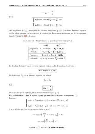CHAPITRE 6. GÉNÉRALITÉS SUR LES SYSTÈMES OSCILLANTS 337
=⇒ ϕ2 = −
π
6
D’où : 




x1(t) = 24 cos 5π
3
t − π
3

cm
x2(t) = 18 cos 5π
3
t − π
6

cm
2- L’amplitude de q1 (t) correspond à 9 divisons, et celle de q2 (t) à 7 divisions. Les deux signaux
ont la même période qui correspond à 16 divisons. Leurs caractéristiques ont été regroupées
dans le Tableau 6.3 ci-dessous.
Tableau 6.3 – Correction de la question 2 de l’exercice 6.2
q1 (t) q2 (t)
Amplitude A1 = 36 µC A2 = 28 µC
Période T1 = T2 = T = 0, 32 s
Fréquence f1 = f2 = f = 3, 125 Hz
Pulsation ω1 = ω2 = ω = 25π
4
rad.s−1
Le décalage horaire θ entre les deux signaux correspond à 2 divisions. Soit donc :
θ = 40 ms = 0, 04 s
Le déphasage ∆ϕ entre les deux signaux est tel que :
∆ϕ = θω
Soit :
∆ϕ =
π
4
On constate que le signal q1 (t) s’annule avant le signal q2 (t).
Par conséquent, c’est le signal q1 (t) qui est en avance sur le signal q2 (t).
Posons : 




q1 (t) = A1 cos (ωt + ϕ1) = 36 cos 25π
4
t + ϕ1

µC
q2 (t) = A2 cos (ωt + ϕ2) = 28 cos 25π
4
t + ϕ2

µC
A t1 = 12 div = 0, 24 s, q1 (t = t1) = 9 div = 36 µC
=⇒ 36 cos

25π
4
× 0, 24 + ϕ1
‹
= 36
=⇒ cos

3π
2
+ ϕ1
‹
= 1
GLOIRE AU SEIGNEUR JÉSUS-CHRIST !
 