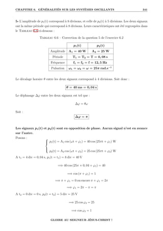 CHAPITRE 6. GÉNÉRALITÉS SUR LES SYSTÈMES OSCILLANTS 341
5- L’amplitude de p1(t) correspond à 8 divisons, et celle de p2(t) à 5 divisions. Les deux signaux
ont la même période qui correspond à 8 divisons. Leurs caractéristiques ont été regroupées dans
le Tableau 6.6 ci-dessous :
Tableau 6.6 – Correction de la question 5 de l’exercice 6.2
p1(t) p2(t)
Amplitude A1 = 40 W A2 = 25 W
Période T1 = T2 = T = 0, 08 s
Fréquence f1 = f2 = f = 12, 5 Hz
Pulsation ω1 = ω2 = ω = 25π rad.s−1
Le décalage horaire θ entre les deux signaux correspond à 4 divisions. Soit donc :
θ = 40 ms = 0, 04 s
Le déphasage ∆ϕ entre les deux signaux est tel que :
∆ϕ = θω
Soit :
∆ϕ = π
Les signaux p1(t) et p2(t) sont en opposition de phase. Aucun signal n’est en avance
sur l’autre.
Posons : 




p1(t) = A1 cos (ωt + ϕ1) = 40 cos (25πt + ϕ1) W
p2(t) = A2 cos (ωt + ϕ2) = 25 cos (25πt + ϕ2) W
A t1 = 4 div = 0, 04 s, p1(t = t1) = 8 div = 40 V
=⇒ 40 cos (25π × 0, 04 + ϕ1) = 40
=⇒ cos (π + ϕ1) = 1
=⇒ π + ϕ1 = 0 ou encore π + ϕ1 = 2π
=⇒ ϕ1 = 2π − π = π
A t2 = 0 div = 0 s, p2(t = t2) = 5 div = 25 V
=⇒ 25 cos ϕ2 = 25
=⇒ cos ϕ2 = 1
GLOIRE AU SEIGNEUR JÉSUS-CHRIST !
 
