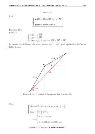 CHAPITRE 6. GÉNÉRALITÉS SUR LES SYSTÈMES OSCILLANTS 342
=⇒ ϕ2 = 0
D’où : 




p1(t) = 40 cos (25πt + π) W
p2(t) = 25 cos 25πt W
Exercice 6.3 :
1- On a : 




x1(t) −→
−
−
→
AB
x2(t) −→
−
−
→
BC
x(t) = x1(t) + x2(t) −→
−
−
→
AB +
−
−
→
BC =
−
−
→
AC
La construction de Fresnel relative aux signaux x1(t) et x2(t) a été représentée à la Figure
6.15 ci-dessous.
Figure 6.15 – Correction de la question 1 de l’exercice 6.3.
On a : 






A =
È
102
+ 82 + 2 × 10 × 8 × cos π
6
− π
3

tan φ =
10 sin π
3
+8 sin π
6
10 cos π
3
+8 cos π
6
=⇒





A = 17, 395 cm
φ = 0, 815 rad ' 0, 259π rad
GLOIRE AU SEIGNEUR JÉSUS-CHRIST !
 