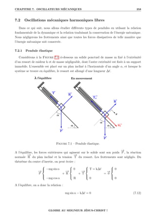 CHAPITRE 7. OSCILLATEURS MÉCANIQUES 358
7.2 Oscillations mécaniques harmoniques libres
Dans ce qui suit, nous allons étudier différents types de pendules en utilsant la relation
fondamentale de la dynamique et la relation traduisant la conservation de l’énergie mécanique.
Nous négligerons les frottements ainsi que toutes les forces dissipatives de telle manière que
l’énergie mécanique soit conservée.
7.2.1 Pendule élastique
Considérons à la Figure 7.1 ci-dessous un solide ponctuel de masse m fixé à l’extrémité
d’un ressort de raideur k et de masse négligeable, dont l’autre extrémité est fixée à un support
immobile. L’ensemble est placé sur un plan incliné à l’horizontale d’un angle α, et lorsque le
système se trouve en équilibre, le ressort est allongé d’une longueur ∆`.
Figure 7.1 – Pendule élastique.
A l’équilibre, les forces extérieures qui agissent sur le solide sont son poids
−
→
P , la réaction
normale
−
→
R du plan incliné et la tension
−
→
T du ressort. Les frottements sont négligés. Du
théorème du centre d’inertie, on peut écrire :
−
→
P





−mg sin α
−mg cos α
+
−
→
R





0
R
+
−
→
T





T = k∆`
0
=
−
→
0





0
0
A l’équilibre, on a donc la relation :
mg sin α − k∆` = 0 (7.12)
GLOIRE AU SEIGNEUR JÉSUS-CHRIST !
 