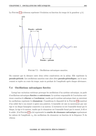 CHAPITRE 7. OSCILLATEURS MÉCANIQUES 365
La Figure 7.5 ci-dessous représente l’évolution en fonction du temps de la grandeur χ (t).
Figure 7.5 – Oscillations mécaniques amorties.
On constate que la distance entre deux crêtes consécutives est la même. Elle représente la
pseudo-période. Les oscillations amorties sont alors dites pseudo-périodiques, car le mou-
vement se repète au cours du temps, mais en perdant de l’amplitude après chaque alternance.
7.4 Oscillations mécaniques forcées
Lorsqu’une excitation extérieure provoque les oscillations d’un système mécanique, on parle
d’oscillations mécaniques forcées ou entretenues. Le système responsable de l’excitation exté-
rieure constitue le vibreur ou l’excitateur, tandis que le système mécanique dont on entretient
les oscillations représente le résonateur. Considérons le dispositif de la Figure 7.6 constitué
d’un solide fixé à un ressort à spires non jointives. L’ensemble est mis en mouvement par une
tige et un disque homogène connectée à un moteur. L’excitateur ici est l’ensemble formé par le
disque, la tige et le moteur, tandis que le résonateur est l’ensemble formé par le ressort, le fil et
le solide. A la Figure 7.7 a été représentée la courbe de résonance mécanique représentant
les valeurs de l’amplitude xm des oscillations du résonateur en fonction de la fréquence N du
vibreur.
GLOIRE AU SEIGNEUR JÉSUS-CHRIST !
 