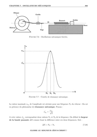 CHAPITRE 7. OSCILLATEURS MÉCANIQUES 366
Figure 7.6 – Oscillations mécaniques forcées.
Figure 7.7 – Courbe de résonance mécanique.
La valeur maximale xmr de l’amplitude est atteinte pour une fréquence Nr du vibreur : On est
en présence du phénomène de résonance mécanique. Posons :
x0
mr
=
xmr
√
2
A cette valeur x0
mr
correspondent deux valeurs N1 et N2 de la fréquence. On définit la largeur
de la bande passante ∆N comme étant la différence entre ces deux fréquences. Soit :
∆N = N2 − N1 (7.29)
GLOIRE AU SEIGNEUR JÉSUS-CHRIST !
 
