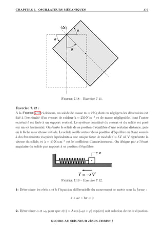 CHAPITRE 7. OSCILLATEURS MÉCANIQUES 377
Figure 7.18 – Exercice 7.11.
Exercice 7.12 :
A la Figure 7.19 ci-dessous, un solide de masse m = 2 Kg dont on négligera les dimensions est
fixé à l’extrémité d’un ressort de raideur k = 250 N.m−1
et de masse négligeable, dont l’autre
extrémité est fixée à un support vertical. Le système constitué du ressort et du solide est posé
sur un sol horizontal. On écarte le solide de sa positon d’équilibre d’une certaine distance, puis
on le lâche sans vitesse initiale. Le solide oscille autour de sa position d’équilibre en étant soumis
à des frottements visqueux équivalents à une unique force de module f = λV où V représente la
vitesse du solide, et λ = 40 N.s.m−1
est le coefficient d’amortissement. On désigne par x l’écart
angulaire du solide par rapport à sa positon d’équilibre.
Figure 7.19 – Exercice 7.12.
1- Déterminer les réels a et b l’équation différentielle du mouvement se mette sous la forme :
ẍ + aẋ + bx = 0
2- Déterminer α et ω0 pour que x(t) = A cos (ω0t + ϕ) exp (αt) soit solution de cette équation.
GLOIRE AU SEIGNEUR JÉSUS-CHRIST !
 