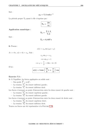 CHAPITRE 7. OSCILLATEURS MÉCANIQUES 396
Soit :
ω0 = 7, 5 rad.s−1
La période propre T0 quant à elle s’exprime par :
T0 =
2π
ω0
Application numérique :
T0 =
2 × π
7, 5
Soit :
T0 = 0, 837 s
6- Posons :
x(t) = xm sin (ω0t + ϕ)
A t = 0 s, x(t = 0) = xm. Soit :
xm sin ϕ = xm
=⇒ sin ϕ = 1
=⇒ ϕ =
π
2
+ 2kπ ; k ∈ Z
D’où :
x(t) = 5 sin

15
2
t +
π
2
‹
cm
Exercice 7.5 :
1- A l’équilibre, les forces appliquées au solide sont :
— Son poids
−
→
P = m−
→
g ;
— La tension
−
→
T1 du ressort inférieur gauche ;
— La tension
−
→
T0
1 du ressort inférieur droit.
Les forces s’exerçant au point d’intersection entre les deux ressort de gauche sont :
— La tension
−
→
T2 du ressort supérieur gauche ;
— La tension
−
−
→
T00
1 du ressort inférieur gauche.
Les forces s’exerçant au point d’intersection entre les deux ressort de droite sont :
— La tension
−
→
T0
2 du ressort supérieur droit ;
— La tension
−
−
→
T00
2 du ressort inférieur droit.
Toutes ces forces ont été représentées à la Figure 7.29.
GLOIRE AU SEIGNEUR JÉSUS-CHRIST !
 