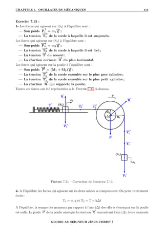 CHAPITRE 7. OSCILLATEURS MÉCANIQUES 416
Exercice 7.13 :
1- Les forces qui agissent sur (S1) à l’équilibre sont :
— Son poids
−
→
P1 = m1
−
→
g ;
— La tension
−
→
T1 de la corde à laquelle il est suspendu.
Les forces qui agissent sur (S2) à l’équilibre sont :
— Son poids
−
→
P2 = m2
−
→
g ;
— La tension
−
→
T2 de la corde à laquelle il est fixé ;
— La tension
−
→
T du ressort ;
— La réaction normale
−
→
R du plan horizontal.
Les forces qui agissent sur la poulie à l’équilibre sont :
— Son poids
−
→
P = (M1 + M2)−
→
g ;
— La tension
−
→
T0
1 de la corde enroulée sur le plus gros cylindre ;
— La tension
−
→
T0
2 de la corde enroulée sur le plus petit cylindre ;
— La réaction
−
→
R qui supporte la poulie.
Toutes ces forces ont été représentées à la Figure 7.31 ci-dessous.
Figure 7.31 – Correction de l’exercice 7.13.
2- A l’équilibre, les forces qui agissent sur les deux solides se compensnent. On peut directement
écrire :
T1 = m1g et T2 = T = k∆`
A l’équilibre, la somme des moments par rapport à l’axe (∆) des efforts s’exerçant sur la poulie
est nulle. Le poids
−
→
P de la poulie ainsi que la réaction
−
→
R rencontrant l’axe (∆), leurs moments
GLOIRE AU SEIGNEUR JÉSUS-CHRIST !
 