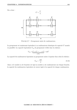 CHAPITRE 8. CONDENSATEURS 441
On a donc :
C0
=
C
n
Figure 8.7 – Groupement mixte de condensateurs.
Le groupement est maintenant équivalent à m condensateurs identiques de capacité C0
montés
en parallèle. La capacité équivalente Céq du groupement vérifie donc la relation :
Céq = C0
+ C0
+ · · · + C0
| {z }
m fois
= mC0
La capacité du condensateur équivalent au groupement mixte s’exprime donc selon la relation :
Céq =
mC
n
(8.13)
Ainsi, si le nombre m de branches est égal au nombre n de condensateurs sur chaque branche,
la capacité du condensateur équivalent est encore égale à la capacité de chaque condensateur.
GLOIRE AU SEIGNEUR JÉSUS-CHRIST !
 