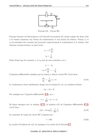 CHAPITRE 9. OSCILLATEURS ÉLECTRIQUES 475
Figure 9.9 – Circuit RC.
Prenons l’instant où l’interrupteur a été basculé à la position (2) comme origine des dates. Soit
u la tension commune aux bornes du condensateur et aux bornes du résistor. Notons iC et
iR les intensités des courants qui traversent respectivement le condensateur et le résistor. Des
relations courant-tension, on peut écrire :
iC = C
du
dt
iR =
u
R
Etant donné que les courants iC et iR sont de sens contraires, on a :
iC = −iR
=⇒ C
du
dt
= −
u
R
L’équation différentielle satisfaite par la tension u dans le circuit RC s’écrit donc :
du
dt
+
1
RC
u = 0 (9.18)
Le condensateur étant initialement chargé sous la tension E, on a la condition initiale :
u(t = 0) = E
Par analogie avec l’équation différentielle (9.9), on a :
α =
1
RC
et β = 0
De façon analogue avec la relation (9.17), la solution u(t) de l’équation différentielle (9.18)
s’écrit donc :
u(t) = E exp

−
t
RC
‹
(9.19)
La constante de temps du circuit RC s’exprime par :
τ = RC (9.20)
La courbe d’évolution de u(t) est analogue à la courbe de la Figure 9.7.
GLOIRE AU SEIGNEUR JÉSUS-CHRIST !
 
