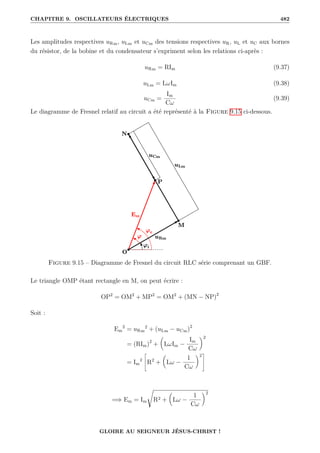 CHAPITRE 9. OSCILLATEURS ÉLECTRIQUES 482
Les amplitudes respectives uRm, uLm et uCm des tensions respectives uR, uL et uC aux bornes
du résistor, de la bobine et du condensateur s’expriment selon les relations ci-après :
uRm = RIm (9.37)
uLm = LωIm (9.38)
uCm =
Im
Cω
(9.39)
Le diagramme de Fresnel relatif au circuit a été représenté à la Figure 9.15 ci-dessous.
Figure 9.15 – Diagramme de Fresnel du circuit RLC série comprenant un GBF.
Le triangle OMP étant rectangle en M, on peut écrire :
OP2
= OM2
+ MP2
= OM2
+ (MN − NP)2
Soit :
Em
2
= uRm
2
+ (uLm − uCm)2
= (RIm)2
+

LωIm −
Im
Cω
‹2
= Im
2
–
R2
+

Lω −
1
Cω
‹2
™
=⇒ Em = Im
Ê
R2 +

Lω −
1
Cω
‹2
GLOIRE AU SEIGNEUR JÉSUS-CHRIST !
 