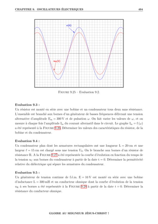 CHAPITRE 9. OSCILLATEURS ÉLECTRIQUES 494
Figure 9.25 – Evaluation 9.2.
Evaluation 9.3 :
Un résistor est monté en série avec une bobine et un condensateur tous deux sans résistance.
L’ensemble est branché aux bornes d’un générateur de basses fréquences délivrant une tension
alternative d’amplitude Em = 300 V et de pulsation ω. On fait varier les valeurs de ω, et on
mesure à chaque fois l’amplitude Im du courant alternatif dans le circuit. Le graphe Im = f (ω)
a été représenté à la Figure 9.26. Déterminer les valeurs des caractéristiques du résistor, de la
bobine et du condensateur.
Evaluation 9.4 :
Un condensateur plan dont les armatures rectangulaires ont une longueur L = 20 cm et une
largeur ` = 15 cm est chargé sous une tension U0. On le branche aux bornes d’un résistor de
résistance R. A la Figure 9.27 a été représentée la courbe d’évolution en fonction du temps de
la tension uC aux bornes du condensateur à partir de la date t = 0. Déterminer la permittivité
relative du diélectrique qui sépare les armatures du condensateur.
Evaluation 9.5 :
Un générateur de tension continue de f.é.m. E = 16 V est monté en série avec une bobine
d’inductance L = 300 mH et un conducteur ohmique dont la courbe d’évolution de la tension
uR à ses bornes a été représentée à la Figure 9.28 à partir de la date t = 0. Déterminer la
résistance du conducteur ohmique.
GLOIRE AU SEIGNEUR JÉSUS-CHRIST !
 