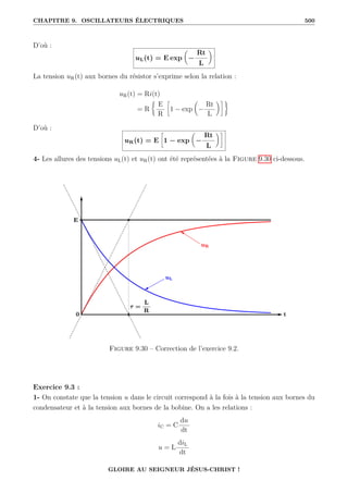 CHAPITRE 9. OSCILLATEURS ÉLECTRIQUES 500
D’où :
uL(t) = E exp

−
Rt
L
‹
La tension uR(t) aux bornes du résistor s’exprime selon la relation :
uR(t) = Ri(t)
= R
§
E
R
•
1 − exp

−
Rt
L
‹˜ª
D’où :
uR(t) = E
•
1 − exp

−
Rt
L
‹˜
4- Les allures des tensions uL(t) et uR(t) ont été représentées à la Figure 9.30 ci-dessous.
Figure 9.30 – Correction de l’exercice 9.2.
Exercice 9.3 :
1- On constate que la tension u dans le circuit correspond à la fois à la tension aux bornes du
condensateur et à la tension aux bornes de la bobine. On a les relations :
iC = C
du
dt
u = L
diL
dt
GLOIRE AU SEIGNEUR JÉSUS-CHRIST !
 