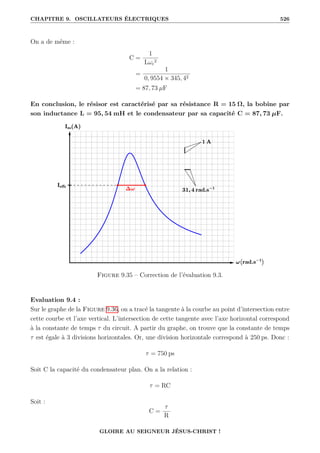 CHAPITRE 9. OSCILLATEURS ÉLECTRIQUES 526
On a de même :
C =
1
Lωr
2
=
1
0, 9554 × 345, 42
= 87, 73 µF
En conclusion, le résisor est caractérisé par sa résistance R = 15 Ω, la bobine par
son inductance L = 95, 54 mH et le condensateur par sa capacité C = 87, 73 µF.
Figure 9.35 – Correction de l’évaluation 9.3.
Evaluation 9.4 :
Sur le graphe de la Figure 9.36, on a tracé la tangente à la courbe au point d’intersection entre
cette courbe et l’axe vertical. L’intersection de cette tangente avec l’axe horizontal correspond
à la constante de temps τ du circuit. A partir du graphe, on trouve que la constante de temps
τ est égale à 3 divisions horizontales. Or, une division horizontale correspond à 250 ps. Donc :
τ = 750 ps
Soit C la capacité du condensateur plan. On a la relation :
τ = RC
Soit :
C =
τ
R
GLOIRE AU SEIGNEUR JÉSUS-CHRIST !
 