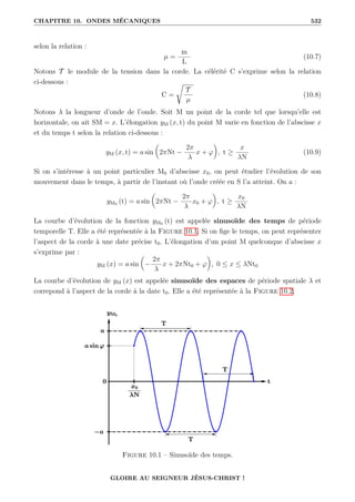CHAPITRE 10. ONDES MÉCANIQUES 532
selon la relation :
µ =
m
L
(10.7)
Notons T le module de la tension dans la corde. La célérité C s’exprime selon la relation
ci-dessous :
C =
Ê
T
µ
(10.8)
Notons λ la longueur d’onde de l’onde. Soit M un point de la corde tel que lorsqu’elle est
horizontale, on ait SM = x. L’élongation yM (x, t) du point M varie en fonction de l’abscisse x
et du temps t selon la relation ci-dessous :
yM (x, t) = a sin

2πNt −
2π
λ
x + ϕ
‹
, t ≥
x
λN
(10.9)
Si on s’intéresse à un point particulier M0 d’abscisse x0, on peut étudier l’évolution de son
mouvement dans le temps, à partir de l’instant où l’onde créée en S l’a atteint. On a :
yM0 (t) = a sin

2πNt −
2π
λ
x0 + ϕ
‹
, t ≥
x0
λN
La courbe d’évolution de la fonction yM0 (t) est appelée sinusoïde des temps de période
temporelle T. Elle a été représentée à la Figure 10.1. Si on fige le temps, on peut représenter
l’aspect de la corde à une date précise t0. L’élongation d’un point M quelconque d’abscisse x
s’exprime par :
yM (x) = a sin

−
2π
λ
x + 2πNt0 + ϕ
‹
, 0 ≤ x ≤ λNt0
La courbe d’évolution de yM (x) est appelée sinusoïde des espaces de période spatiale λ et
correpond à l’aspect de la corde à la date t0. Elle a été représentée à la Figure 10.2.
Figure 10.1 – Sinusoïde des temps.
GLOIRE AU SEIGNEUR JÉSUS-CHRIST !
 