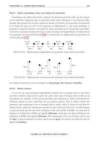 CHAPITRE 10. ONDES MÉCANIQUES 535
10.2.4 Ondes mécaniques dans une chaîne de particules
Considérons une chaîne horizontale constituée de plusieurs particules telles que des atomes
ou des molécules. Supposons que ces particules soient toutes identiques et que chacune d’elles
interagit directement avec ses deux voisines de gauche et de droite. Si on perturbe une particule
de la chaîne de rang n (n ∈ N∗
) en lui imposant un déplacement χn, une onde mécanique se
propagera le long de la chaîne et atteindra les autres particules qui se verront elles aussi dépla-
cées à leurs tours dans la même direction. L’onde mécanique est longitudinale si le déplacement
des particules est horizontal (Figure 10.6) et transversale si le déplacement des particules est
vertical (Figure 10.7).
Figure 10.6 – Déplacements longitudinaux des particules d’une châine horizontale.
Figure 10.7 – Déplacements transversaux des particules d’une châine horizontale.
Les chaînes de particules sont très étudiées en dynamique des réseaux cristallins.
10.2.5 Ondes sonores
Le son est une onde mécanique longitudinale incapable de se propager dans le vide. Dans
un milieu matériel, pour pouvoir capter une onde sonore (par le tympan d’une oreille ou un
microphone par exemple), il faut que les particules qui composent ce milieu transmettent les
vibrations depuis la source (émetteur) du son jusqu’au capteur. Plus le milieu contient des
particules, plus rapidement le son se propage dans ce milieu. Ainsi, la vitesse du son dans les
milieux denses comme les métaux par exemple est plus élevée que dans l’air. L’oreille humain
ne peut percevoir que des sons dont la fréquence varie entre 20 Hz et 20 kHz. Les sons dont la
fréquence est inférieures à 20 Hz sont appelés infrasons, tandis que ceux dont la fréquence est
supérieure à 20 kHz sont appelés ultrasons. Plus la fréquence d’un son est haute, plus le son
est aigu, et plus la fréquence est basse, plus le son est grave. La science qui étudie les sons est
appelée acoustique.
GLOIRE AU SEIGNEUR JÉSUS-CHRIST !
 