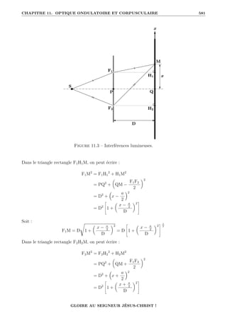 CHAPITRE 11. OPTIQUE ONDULATOIRE ET CORPUSCULAIRE 581
Figure 11.3 – Interférences lumineuses.
Dans le triangle rectangle F1H1M, on peut écrire :
F1M2
= F1H1
2
+ H1M2
= PQ2
+

QM −
F1F2
2
‹2
= D2
+

x −
a
2
2
= D2
–
1 +

x − a
2
D
‹2
™
Soit :
F1M = D
Ê
1 +

x − a
2
D
‹2
= D
–
1 +

x − a
2
D
‹2
™ 1
2
Dans le triangle rectangle F2H2M, on peut écrire :
F2M2
= F2H2
2
+ H2M2
= PQ2
+

QM +
F1F2
2
‹2
= D2
+

x +
a
2
2
= D2
–
1 +

x + a
2
D
‹2
™
GLOIRE AU SEIGNEUR JÉSUS-CHRIST !
 