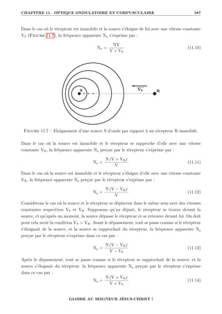 CHAPITRE 11. OPTIQUE ONDULATOIRE ET CORPUSCULAIRE 587
Dans le cas où le récepteur est immobile et la source s’éloigne de lui avec une vitesse constante
VS (Figure 11.7), la fréquence apparente Na s’exprime par :
Na =
NV
V + VS
(11.10)
Figure 11.7 – Eloignement d’une source S d’onde par rapport à un récepteur R immobile.
Dans le cas où la source est immobile et le récepteur se rapproche d’elle avec une vitesse
constante VR, la fréquence apparente Na perçue par le récepteur s’exprime par :
Na =
N (V + VR)
V
(11.11)
Dans le cas où la source est immobile et le récepteur s’éloigne d’elle avec une vitesse constante
VR, la fréquence apparente Na perçue par le récepteur s’exprime par :
Na =
N (V − VR)
V
(11.12)
Considérons le cas où la source et le récepteur se déplacent dans le même sens avec des vitesses
constantes respectives VS et VR. Supposons qu’au départ, le récepteur se trouve devant la
source, et qu’après un moment, la source dépasse le récepteur et se retrouve devant lui. On doit
pour cela avoir la condition VS  VR. Avant le dépassement, tout se passe comme si le récepteur
s’éloignait de la source, et la source se rapprochait du récepteur. la fréquence apparente Na
perçue par le récepteur s’exprime dans ce cas par :
Na =
N (V − VR)
V − VS
(11.13)
Après le dépassement, tout se passe comme si le récepteur se rapprochait de la source, et la
source s’élognait du récepteur. la fréquence apparente Na perçue par le récepteur s’exprime
dans ce cas par :
Na =
N (V + VR)
V + VS
(11.14)
GLOIRE AU SEIGNEUR JÉSUS-CHRIST !
 