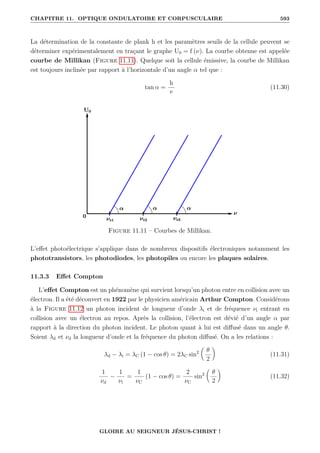 CHAPITRE 11. OPTIQUE ONDULATOIRE ET CORPUSCULAIRE 593
La détermination de la constante de plank h et les paramètres seuils de la cellule peuvent se
déterminer expérimentalement en traçant le graphe U0 = f (ν). La courbe obtenue est appelée
courbe de Millikan (Figure 11.11). Quelque soit la cellule émissive, la courbe de Millikan
est toujours inclinée par rapport à l’horizontale d’un angle α tel que :
tan α =
h
e
(11.30)
Figure 11.11 – Courbes de Millikan.
L’effet photoélectrique s’applique dans de nombreux dispositifs électroniques notamment les
phototransistors, les photodiodes, les photopiles ou encore les plaques solaires.
11.3.3 Effet Compton
L’effet Compton est un phénomène qui survient lorsqu’un photon entre en collision avec un
électron. Il a été découvert en 1922 par le physicien américain Arthur Compton. Considérons
à la Figure 11.12 un photon incident de longueur d’onde λi et de fréquence νi entrant en
collision avec un électron au repos. Après la collision, l’électron est dévié d’un angle α par
rapport à la direction du photon incident. Le photon quant à lui est diffusé dans un angle θ.
Soient λd et νd la longueur d’onde et la fréquence du photon diffusé. On a les relations :
λd − λi = λC (1 − cos θ) = 2λC sin2

θ
2
‹
(11.31)
1
νd
−
1
νi
=
1
νC
(1 − cos θ) =
2
νC
sin2

θ
2
‹
(11.32)
GLOIRE AU SEIGNEUR JÉSUS-CHRIST !
 