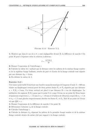 CHAPITRE 11. OPTIQUE ONDULATOIRE ET CORPUSCULAIRE 596
Figure 11.14 – Exercice 11.2.
1- Montrer que dans le cas où a et x sont négligeables devant D, la différence de marche δ du
point M peut s’exprimer selon la relation ci-dessous :
δ =
ax cos α
D
2- Donner l’expression de l’interfrange i.
3- Calculer la valeur de i sachant que la distance entre les milieux de la sixième frange sombre
et de la septième frange brillante, situées de part et d’autre de la frange centrale sont séparés
par une distance d67 = 8 mm.
4- En déduire la valeur de λ.
Exercice 11.3 :
Une source ponctuelle S émettant une lumière monochromatique de longueur d’onde λ = 600 nm
éclaire un diaphragme vertical percé de deux petites fentes F1 et F2 séparées par une distance
a = F1F2 = 5 mm. Un écran vertical est placé à une distance D = 4 m du diaphragme. La
médiatrice du segment [F1F2] passe par le point S et coupe l’écran en un point Q. Deux lames
d’épaisseurs respectives e1 = 15 mm et e2 = 10 mm et d’indices de réfraction respectifs n1 = 1, 6
et n2 = 1, 5 sont placées respectivement derrière les fentes F1 et F2. Soit M un point de l’écran
tel que QM = x.
1- Donner l’expression de la différence de marche δ du point M.
2- Déterminer l’abscisse x0 de la frange centrale.
3- Calculer l’interfrange i.
4- Calculer la distance d16 séparant les mileux de la première frange sombre et de la sixième
frange centrale situées du même côté par rapport à la frange centrale.
GLOIRE AU SEIGNEUR JÉSUS-CHRIST !
 
