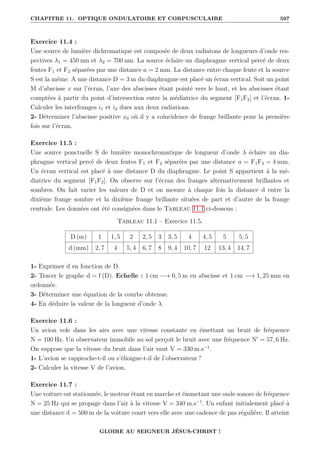 CHAPITRE 11. OPTIQUE ONDULATOIRE ET CORPUSCULAIRE 597
Exercice 11.4 :
Une source de lumière dichromatique est composée de deux radiatons de longueurs d’onde res-
pectives λ1 = 450 nm et λ2 = 700 nm. La source éclaire un diaphragme vertical percé de deux
fentes F1 et F2 séparées par une distance a = 2 mm. La distance entre chaque fente et la source
S est la même. A une distance D = 3 m du diaphragme est placé un écran vertical. Soit un point
M d’abscisse x sur l’écran, l’axe des abscisses étant pointé vers le haut, et les abscisses étant
comptées à partir du point d’intersection entre la médiatrice du segment [F1F2] et l’écran. 1-
Calculer les interfranges i1 et i2 dues aux deux radiations.
2- Déterminer l’abscisse positive x0 où il y a coïncidence de frange brillante pour la première
fois sur l’écran.
Exercice 11.5 :
Une source ponctuelle S de lumière monochromatique de longueur d’onde λ éclaire un dia-
phragme vertical percé de deux fentes F1 et F2 séparées par une distance a = F1F2 = 4 mm.
Un écran vertical est placé à une distance D du diaphragme. Le point S appartient à la mé-
diatrice du segment [F1F2]. On observe sur l’écran des franges alternativement brillantes et
sombres. On fait varier les valeurs de D et on mesure à chaque fois la distance d entre la
dixième frange sombre et la dixième frange brillante situées de part et d’autre de la frange
centrale. Les données ont été consignées dans le Tableau 11.1 ci-dessous :
Tableau 11.1 – Exercice 11.5.
D (m) 1 1, 5 2 2, 5 3 3, 5 4 4, 5 5 5, 5
d (mm) 2, 7 4 5, 4 6, 7 8 9, 4 10, 7 12 13, 4 14, 7
1- Exprimer d en fonction de D.
2- Tracer le graphe d = f (D). Echelle : 1 cm −→ 0, 5 m en abscisse et 1 cm −→ 1, 25 mm en
ordonnée.
3- Déterminer une équation de la courbe obtenue.
4- En déduire la valeur de la longueur d’onde λ.
Exercice 11.6 :
Un avion vole dans les airs avec une vitesse constante en émettant un bruit de fréquence
N = 100 Hz. Un observateur immobile au sol perçoit le bruit avec une fréquence N0
= 57, 6 Hz.
On suppose que la vitesse du bruit dans l’air vaut V = 330 m.s−1
.
1- L’avion se rapproche-t-il ou s’élioigne-t-il de l’observateur ?
2- Calculer la vitesse V de l’avion.
Exercice 11.7 :
Une voiture est stationnée, le moteur étant en marche et émmetant une onde sonore de fréquence
N = 25 Hz qui se propage dans l’air à la vitesse V = 340 m.s−1
. Un enfant initialement placé à
une distance d = 500 m de la voiture court vers elle avec une cadence de pas régulière. Il atteint
GLOIRE AU SEIGNEUR JÉSUS-CHRIST !
 