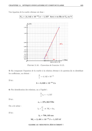 CHAPITRE 11. OPTIQUE ONDULATOIRE ET CORPUSCULAIRE 625
Une équation de la courbe obtenue est donc :
U0 = 4, 142 × 10−15

ν − 1, 557 Avec ν en Hz et U0 en V
Figure 11.16 – Correction de l’exercice 11.15.
5- En comparant l’équation de la courbe à la relation obtenue à la question 2, en identifiant
les coefficients, on obtient :
h
e
= 4, 142 × 10−15
D’où :
h = 6, 628 × 10−34
J.s
6- Par identification des relations, on a l’égalité :
h
e
νs = −1, 557
D’où :
νs = 375, 862 THz
On a de même :
λs =
C
νs
et Ws = hνs
D’où :
λs = 798, 165 nm
Ws = 2, 491 × 10−19
J = 1, 557 eV
GLOIRE AU SEIGNEUR JÉSUS-CHRIST !
 