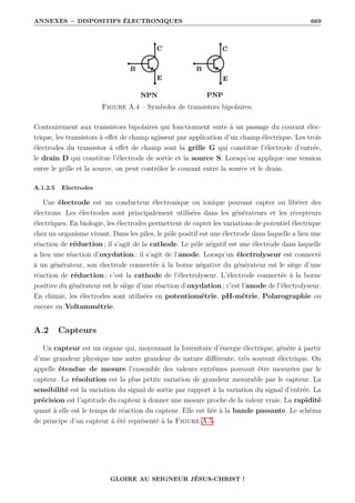 ANNEXES − DISPOSITIFS ÉLECTRONIQUES 669
Figure A.4 – Symboles de transistors bipolaires.
Contrairement aux transistors bipolaires qui fonctionnent suite à un passage du courant élec-
trique, les transistors à effet de champ agissent par application d’un champ électrique. Les trois
électrodes du transistor à effet de champ sont la grille G qui constitue l’électrode d’entrée,
le drain D qui constitue l’électrode de sortie et la source S. Lorsqu’on applique une tension
entre le grille et la source, on peut contrôler le courant entre la source et le drain.
A.1.2.5 Electrodes
Une électrode est un conducteur électronique ou ionique pouvant capter ou libérer des
électrons. Les électrodes sont principalement utilisées dans les générateurs et les récepteurs
électriques. En biologie, les électrodes permettent de capter les variations de potentiel électrique
chez un organisme vivant. Dans les piles, le pôle positif est une électrode dans laquelle a lieu une
réaction de réduction ; il s’agit de la cathode. Le pôle négatif est une électrode dans laquelle
a lieu une réaction d’oxydation ; il s’agit de l’anode. Lorsqu’un électrolyseur est connecté
à un générateur, son électrode connectée à la borne négative du générateur est le siège d’une
réaction de réduction ; c’est la cathode de l’électrolyseur. L’électrode connectée à la borne
positive du générateur est le siège d’une réaction d’oxydation ; c’est l’anode de l’électrolyseur.
En chimie, les électrodes sont utilisées en potentiométrie, pH-métrie, Polarographie ou
encore en Voltammétrie.
A.2 Capteurs
Un capteur est un organe qui, moyennant la fourniture d’énergie électrique, génère à partir
d’une grandeur physique une autre grandeur de nature différente, très souvent électrique. On
appelle étendue de mesure l’ensemble des valeurs extrêmes pouvant être mesurées par le
capteur. La résolution est la plus petite variation de grandeur mesurable par le capteur. La
sensibilité est la variation du signal de sortie par rapport à la variation du signal d’entrée. La
précision est l’aptitude du capteur à donner une mesure proche de la valeur vraie. La rapidité
quant à elle est le temps de réaction du capteur. Elle est liée à la bande passante. Le schéma
de principe d’un capteur à été représenté à la Figure A.5.
GLOIRE AU SEIGNEUR JÉSUS-CHRIST !
 