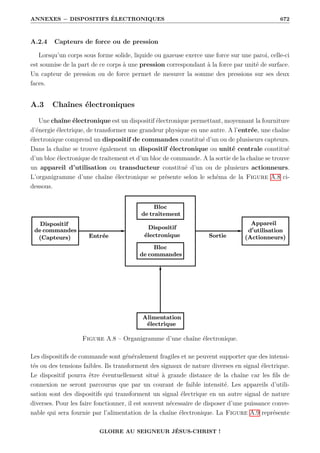 ANNEXES − DISPOSITIFS ÉLECTRONIQUES 672
A.2.4 Capteurs de force ou de pression
Lorsqu’un corps sous forme solide, liquide ou gazeuse exerce une force sur une paroi, celle-ci
est soumise de la part de ce corps à une pression correspondant à la force par unité de surface.
Un capteur de pression ou de force permet de mesurer la somme des pressions sur ses deux
faces.
A.3 Chaînes électroniques
Une chaîne électronique est un dispositif électronique permettant, moyennant la fourniture
d’énergie électrique, de transformer une grandeur physique en une autre. A l’entrée, une chaîne
électronique comprend un dispositif de commandes constitué d’un ou de plusiseurs capteurs.
Dans la chaîne se trouve également un dispositif électronique ou unité centrale constitué
d’un bloc électronique de traitement et d’un bloc de commande. A la sortie de la chaîne se trouve
un appareil d’utilisation ou transducteur constitué d’un ou de plusieurs actionneurs.
L’organigramme d’une chaîne électronique se présente selon le schéma de la Figure A.8 ci-
dessous.
Figure A.8 – Organigramme d’une chaîne électronique.
Les dispositifs de commande sont généralement fragiles et ne peuvent supporter que des intensi-
tés ou des tensions faibles. Ils transforment des signaux de nature diverses en signal électrique.
Le dispositif pourra être éventuellement situé à grande distance de la chaîne car les fils de
connexion ne seront parcourus que par un courant de faible intensité. Les appareils d’utili-
sation sont des dispositifs qui transforment un signal électrique en un autre signal de nature
diverses. Pour les faire fonctionner, il est souvent nécessaire de disposer d’une puissance conve-
nable qui sera fournie par l’alimentation de la chaîne électronique. La Figure A.9 représente
GLOIRE AU SEIGNEUR JÉSUS-CHRIST !
 