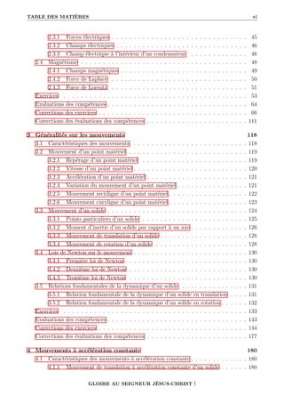TABLE DES MATIÈRES vi
2.3.1 Forces électriques . . . . . . . . . . . . . . . . . . . . . . . . . . . . . . . 45
2.3.2 Champs électriques . . . . . . . . . . . . . . . . . . . . . . . . . . . . . . 46
2.3.3 Champ électrique à l’intérieur d’un condensateur . . . . . . . . . . . . . 48
2.4 Magnétisme . . . . . . . . . . . . . . . . . . . . . . . . . . . . . . . . . . . . . . 48
2.4.1 Champs magnétiques . . . . . . . . . . . . . . . . . . . . . . . . . . . . . 49
2.4.2 Force de Laplace . . . . . . . . . . . . . . . . . . . . . . . . . . . . . . . 50
2.4.3 Force de Lorentz . . . . . . . . . . . . . . . . . . . . . . . . . . . . . . . 51
Exercices . . . . . . . . . . . . . . . . . . . . . . . . . . . . . . . . . . . . . . . . . . 53
Evaluations des compétences . . . . . . . . . . . . . . . . . . . . . . . . . . . . . . . . 64
Corrections des exercices . . . . . . . . . . . . . . . . . . . . . . . . . . . . . . . . . . 66
Corrections des évaluations des compétences . . . . . . . . . . . . . . . . . . . . . . . 111
3 Généralités sur les mouvements 118
3.1 Caractéristiques des mouvements . . . . . . . . . . . . . . . . . . . . . . . . . . 118
3.2 Mouvement d’un point matériel . . . . . . . . . . . . . . . . . . . . . . . . . . . 119
3.2.1 Repérage d’un point matériel . . . . . . . . . . . . . . . . . . . . . . . . 119
3.2.2 Vitesse d’un point matériel . . . . . . . . . . . . . . . . . . . . . . . . . . 120
3.2.3 Accélération d’un point matériel . . . . . . . . . . . . . . . . . . . . . . . 121
3.2.4 Variation du mouvement d’un point matériel . . . . . . . . . . . . . . . . 121
3.2.5 Mouvement rectiligne d’un point matériel . . . . . . . . . . . . . . . . . . 122
3.2.6 Mouvement curvligne d’un point matériel . . . . . . . . . . . . . . . . . . 123
3.3 Mouvement d’un solide . . . . . . . . . . . . . . . . . . . . . . . . . . . . . . . . 124
3.3.1 Points particuliers d’un solide . . . . . . . . . . . . . . . . . . . . . . . . 125
3.3.2 Moment d’inertie d’un solide par rapport à un axe . . . . . . . . . . . . . 126
3.3.3 Mouvement de translation d’un solide . . . . . . . . . . . . . . . . . . . . 128
3.3.4 Mouvement de rotation d’un solide . . . . . . . . . . . . . . . . . . . . . 128
3.4 Lois de Newton sur le mouvement . . . . . . . . . . . . . . . . . . . . . . . . . . 130
3.4.1 Première loi de Newton . . . . . . . . . . . . . . . . . . . . . . . . . . . . 130
3.4.2 Deuxième loi de Newton . . . . . . . . . . . . . . . . . . . . . . . . . . . 130
3.4.3 Troisième loi de Newton . . . . . . . . . . . . . . . . . . . . . . . . . . . 130
3.5 Relations fondamentales de la dynamique d’un solide . . . . . . . . . . . . . . . 131
3.5.1 Relation fondamentale de la dynamique d’un solide en translation . . . . 131
3.5.2 Relation fondamentale de la dynamique d’un solide en rotation . . . . . . 132
Exercices . . . . . . . . . . . . . . . . . . . . . . . . . . . . . . . . . . . . . . . . . . 133
Evaluations des compétences . . . . . . . . . . . . . . . . . . . . . . . . . . . . . . . . 143
Corrections des exercices . . . . . . . . . . . . . . . . . . . . . . . . . . . . . . . . . . 144
Corrections des évaluations des compétences . . . . . . . . . . . . . . . . . . . . . . . 177
4 Mouvements à accélération constante 180
4.1 Caractéristiques des mouvements à accélération constante . . . . . . . . . . . . . 180
4.1.1 Mouvement de translation à accélération constante d’un solide . . . . . . 180
GLOIRE AU SEIGNEUR JÉSUS-CHRIST !
 