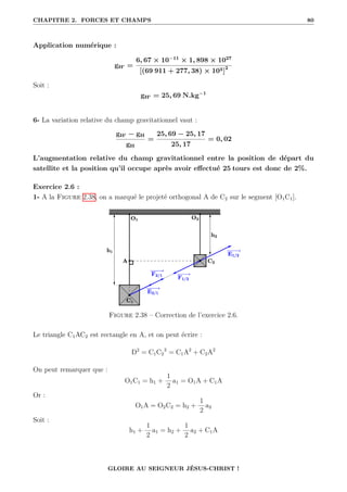 CHAPITRE 2. FORCES ET CHAMPS 80
Application numérique :
gH0 =
6, 67 × 10−11
× 1, 898 × 1027
[(69 911 + 277, 38) × 103]2
Soit :
gH0 = 25, 69 N.kg−1
6- La variation relative du champ gravitationnel vaut :
gH0 − gH
gH
=
25, 69 − 25, 17
25, 17
= 0, 02
L’augmentation relative du champ gravitationnel entre la position de départ du
satellite et la position qu’il occupe après avoir effectué 25 tours est donc de 2%.
Exercice 2.6 :
1- A la Figure 2.38, on a marqué le projeté orthogonal A de C2 sur le segment [O1C1].
Figure 2.38 – Correction de l’exercice 2.6.
Le triangle C1AC2 est rectangle en A, et on peut écrire :
D2
= C1C2
2
= C1A2
+ C2A2
On peut remarquer que :
O1C1 = h1 +
1
2
a1 = O1A + C1A
Or :
O1A = O2C2 = h2 +
1
2
a2
Soit :
h1 +
1
2
a1 = h2 +
1
2
a2 + C1A
GLOIRE AU SEIGNEUR JÉSUS-CHRIST !
 