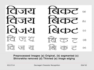 03/17/14 Devnagari Character Recognition 20of 62
Preprocessed Images (a) Original, (b) segmented (c)
Shirorekha removed (d) Thinned (e) image edging
 