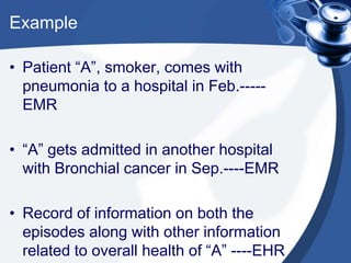 Example
• Patient “A”, smoker, comes with
pneumonia to a hospital in Feb.-----
EMR
• “A” gets admitted in another hospital
with Bronchial cancer in Sep.----EMR
• Record of information on both the
episodes along with other information
related to overall health of “A” ----EHR
 