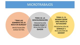 MICROTRABAJOS
“TRAS LAS
SOMBRAS DEL III
REICH EN BURGOS”
INVESTIGACIÓN-
JUEGO DE ROL
TEMA 10. LA
DESCOLONIZACIÓN
PRESENTACIÓN
POWER POINT O
REALZIACIÓN DE
QUIZZIZ
TEMA 11. EL
MUNDO DESDE
1945 HASTA LA
ACTUALIDAD
PRESENTACIÓN DE
GENIALLY O
REALIZACIÓN DE
KAHOOT
 