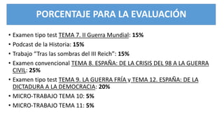 PORCENTAJE PARA LA EVALUACIÓN
• Examen tipo test TEMA 7. II Guerra Mundial: 15%
• Podcast de la Historia: 15%
• Trabajo “Tras las sombras del III Reich”: 15%
• Examen convencional TEMA 8. ESPAÑA: DE LA CRISIS DEL 98 A LA GUERRA
CIVIL: 25%
• Examen tipo test TEMA 9. LA GUERRA FRÍA y TEMA 12. ESPAÑA: DE LA
DICTADURA A LA DEMOCRACIA: 20%
• MICRO-TRABAJO TEMA 10: 5%
• MICRO-TRABAJO TEMA 11: 5%
 