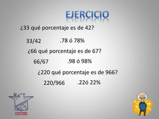 .78 ó 78%
¿33 qué porcentaje es de 42?
33/42
.98 ó 98%
¿66 qué porcentaje es de 67?
66/67
.22ó 22%
¿220 qué porcentaje es de 966?
220/966
 