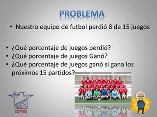 • Nuestro equipo de futbol perdió 8 de 15 juegos
• ¿Qué porcentaje de juegos perdió?
• ¿Qué porcentaje de juegos Ganó?
• ¿Qué porcentaje de juegos ganó si gana los
próximos 15 partidos?
 