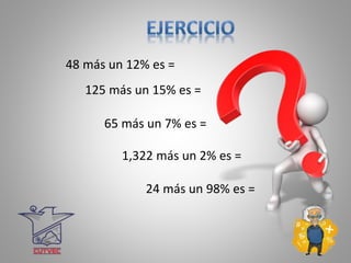 48 más un 12% es =
125 más un 15% es =
65 más un 7% es =
1,322 más un 2% es =
24 más un 98% es =
 