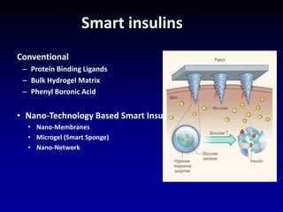 Conventional
– Protein Binding Ligands
– Bulk Hydrogel Matrix
– Phenyl Boronic Acid
• Nano-Technology Based Smart Insulins
• Nano-Membranes
• Microgel (Smart Sponge)
• Nano-Network
Smart insulins
 