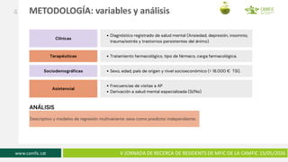 www.camfic.cat
www.camfic.cat
www.camfic.cat V JORNADA DE RECERCA DE RESIDENTS DE MFiC DE LA CAMFiC 15/05/2026
METODOLOGÍA: variables y análisis
4