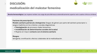 www.camfic.cat
www.camfic.cat
www.camfic.cat V JORNADA DE RECERCA DE RESIDENTS DE MFiC DE LA CAMFiC 15/05/2026
DISCUSIÓN:
medicalización del malestar femenino
7
