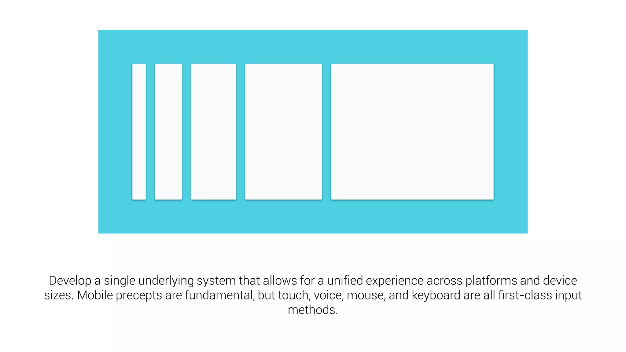 Develop a single underlying system that allows for a unified experience across platforms and device sizes. Mobile precepts are fundamental, but touch, voice, mouse, and keyboard are all first-class input methods.  