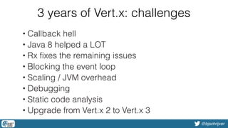 @bjschrijver
3 years of Vert.x: challenges
• Callback hell
• Java 8 helped a LOT
• Rx fixes the remaining issues
• Blocking the event loop
• Scaling / JVM overhead
• Debugging
• Static code analysis
• Upgrade from Vert.x 2 to Vert.x 3
 