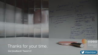 Thanks for your time.
Got	feedback?	Tweet	it!
All	pictures	belong	
to	their	respective		
authors
@bjschrijver
 