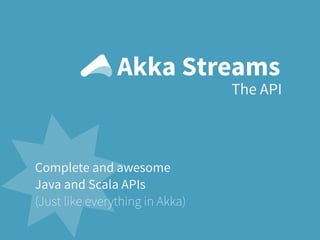 The API
Akka Streams
Complete and awesome
Java and Scala APIs
(Just like everything in Akka)
 