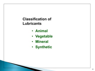 Classification of
Lubricants
• Animal
• Vegetable
• Mineral
• Synthetic
41
 