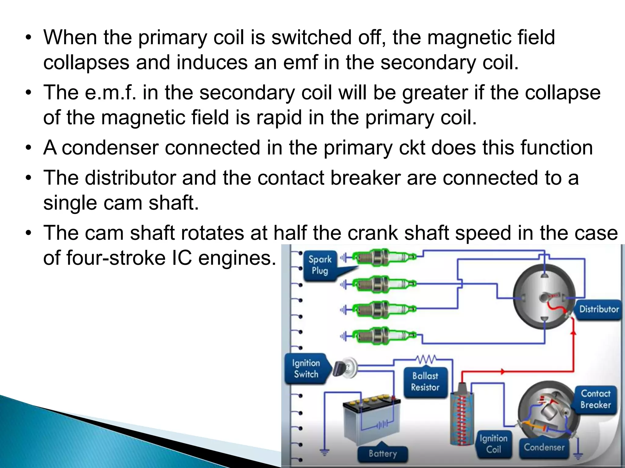 • When the primary coil is switched off, the magnetic field
collapses and induces an emf in the secondary coil.
• The e.m.f. in the secondary coil will be greater if the collapse
of the magnetic field is rapid in the primary coil.
• A condenser connected in the primary ckt does this function
• The distributor and the contact breaker are connected to a
single cam shaft.
• The cam shaft rotates at half the crank shaft speed in the case
of four-stroke IC engines.
 