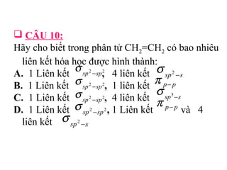  CÂU 10: 
Hãy cho biết trong phân tử CH=CHcó bao nhiêu 
22 liên kết hóa học A. 1 Liên kết s 
được hình thành: 
sp2 s -sp2 , 4 liên kết 
sp2 -s B. 1 Liên kết s p 
sp2 -sp2 , 1 liên kết 
p- p C. 1 Liên kết s 
sp2 -sp2 , s 
4 liên kết 
sp3-s D. 1 Liên kết s 
sp2 -sp2 , 1 Liên kết và 4 
liên kết 
sp2 -s s 
p- p p 
 