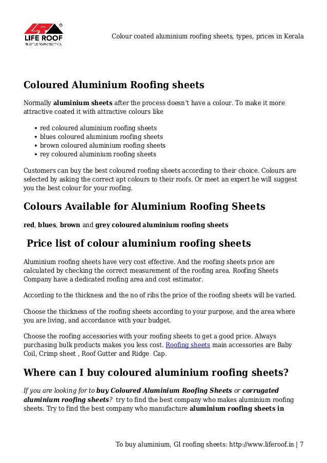 Colour coated aluminium roofing sheets, types, prices in Kerala