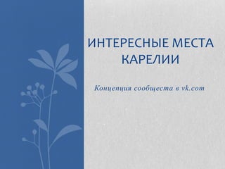 ИНТЕРЕСНЫЕ МЕСТА
КАРЕЛИИ
Концепция сообщеста в vk.com

 
