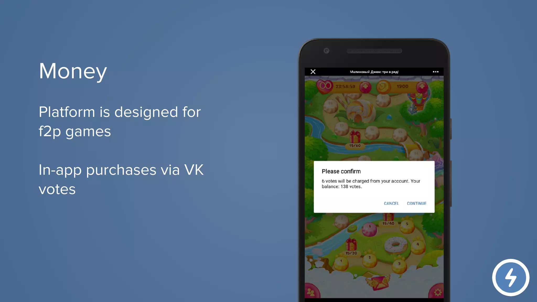 Platform is designed for
f2p games
In-app purchases via VK
votes
Money